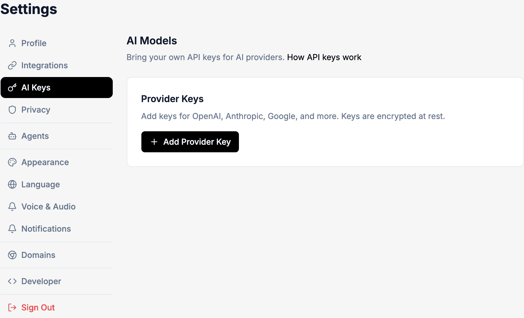 AI Keys settings panel